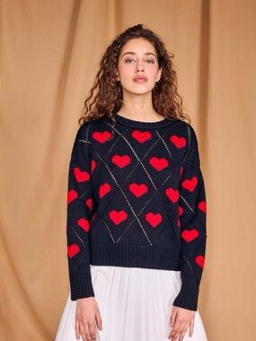 Gigi Knitwear Navy Love Crewneck Sweater with Red Heart Pattern Diamond Sz Small